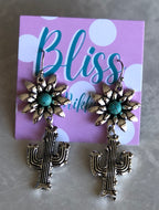 Silver Cactus with Stone Flower Earring