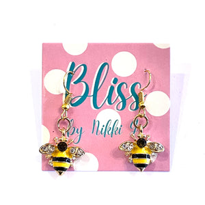 Crystaly Gold Bee Charm Earrings