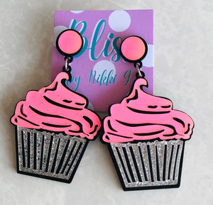 Pink Glitter Cupcake Statement Earring