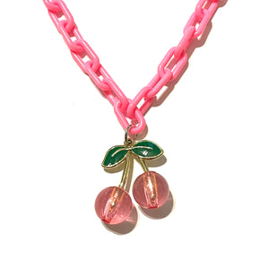 Pink Cherry Bead Charm on Pink Acrylic Chain Statement Necklace