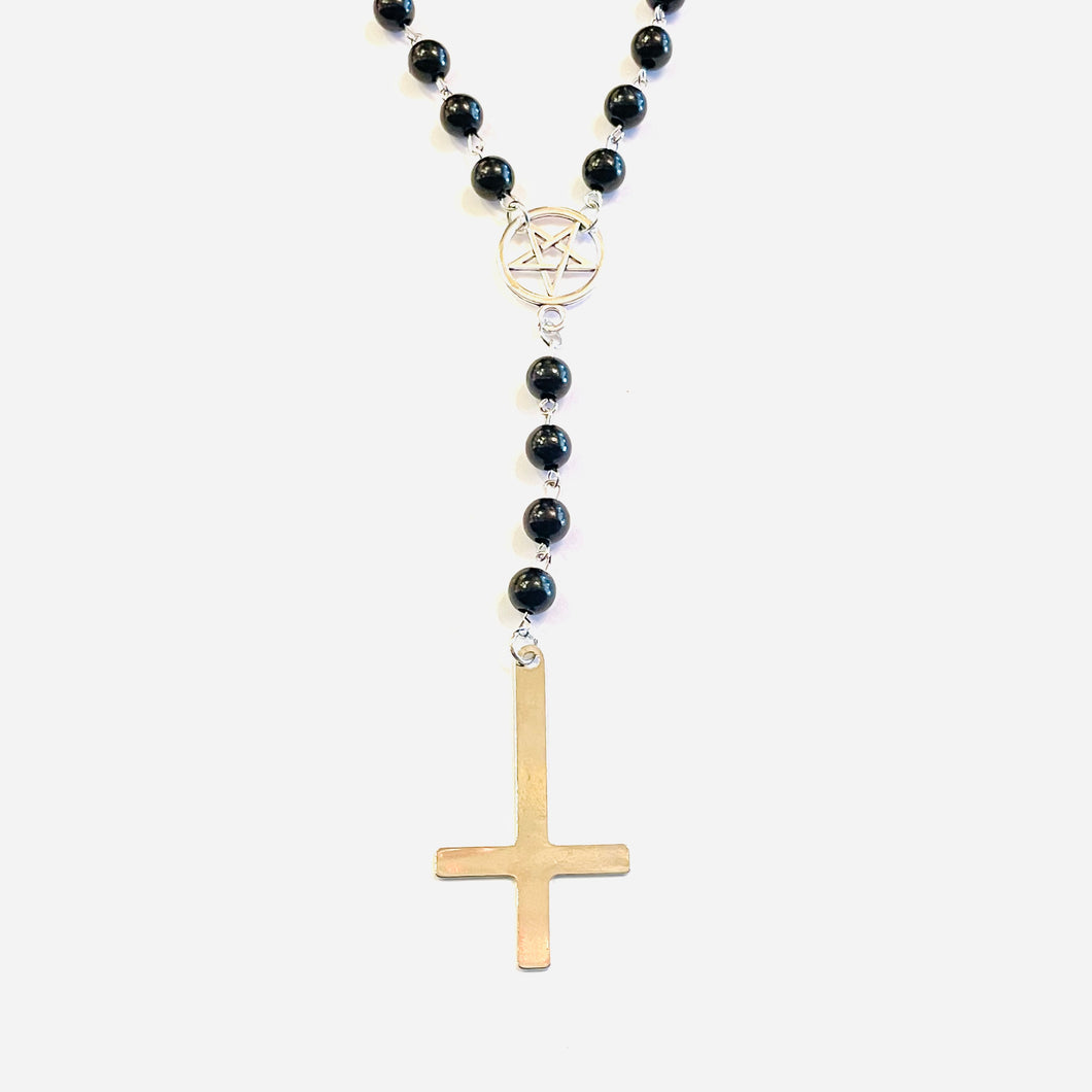 Pentagram and Cross Rosary Style Necklace
