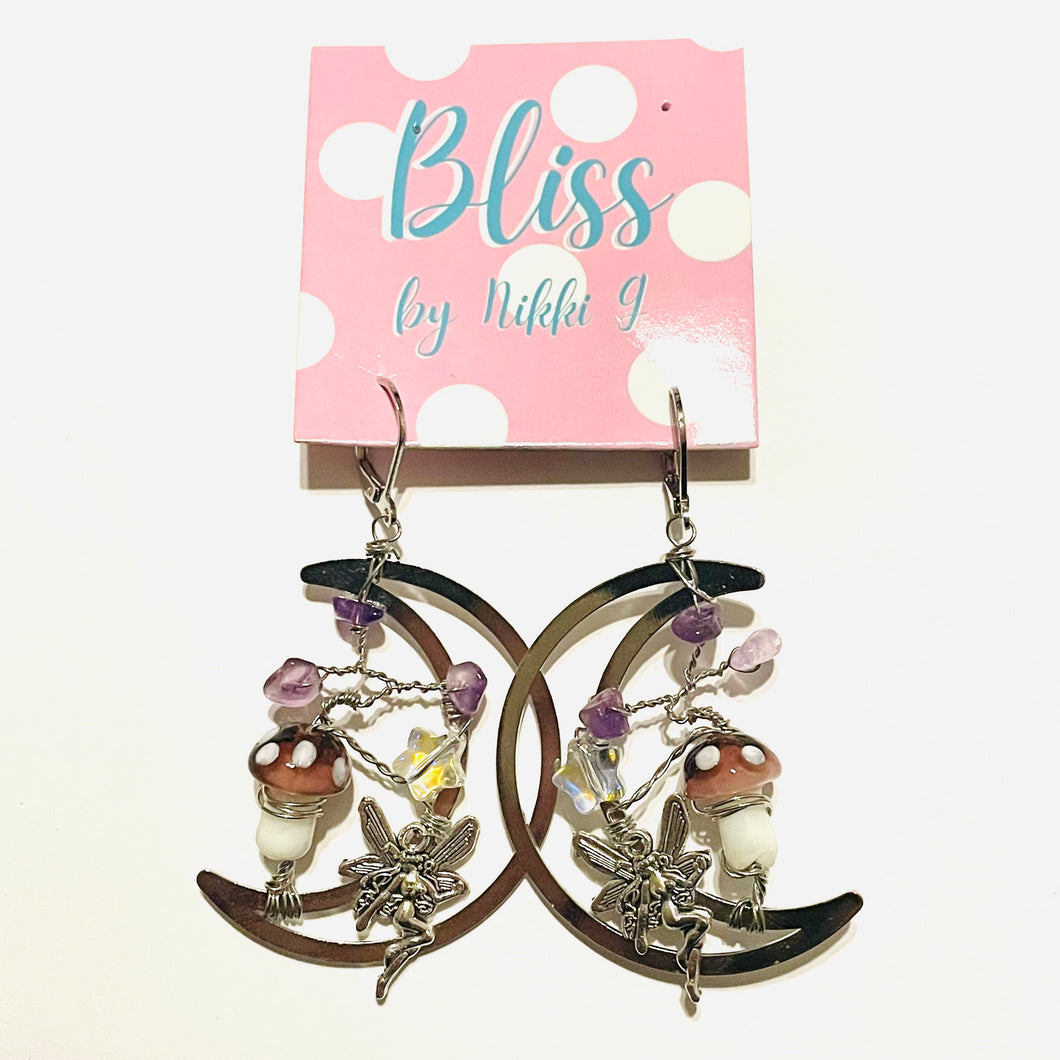 Crescent Moon, Fairies, and Mushrooms Silver Statement Earrings