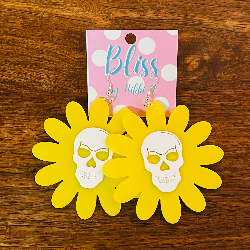 Skull Centered Daisy Acrylic Statement Earrings