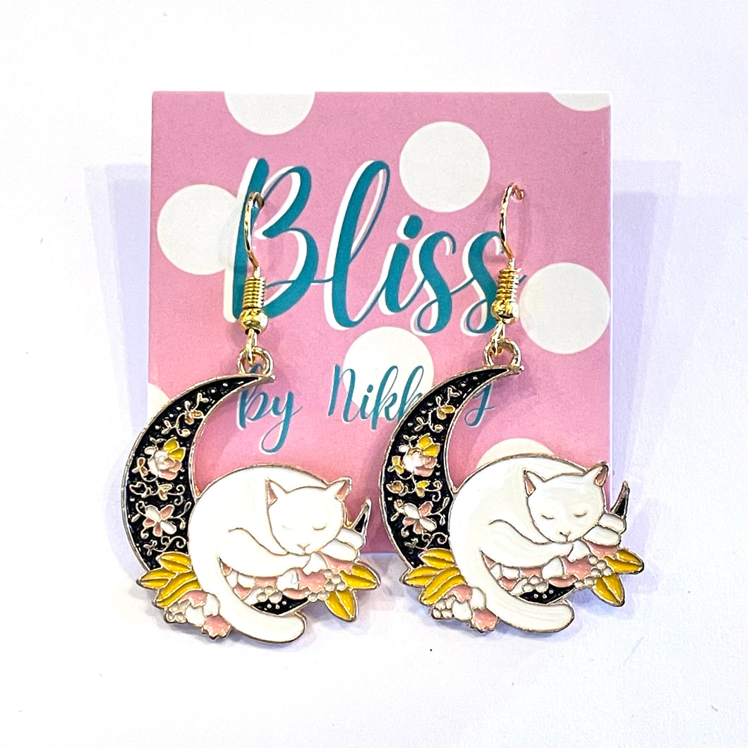 Moon Cat Enamel Charm Earrings