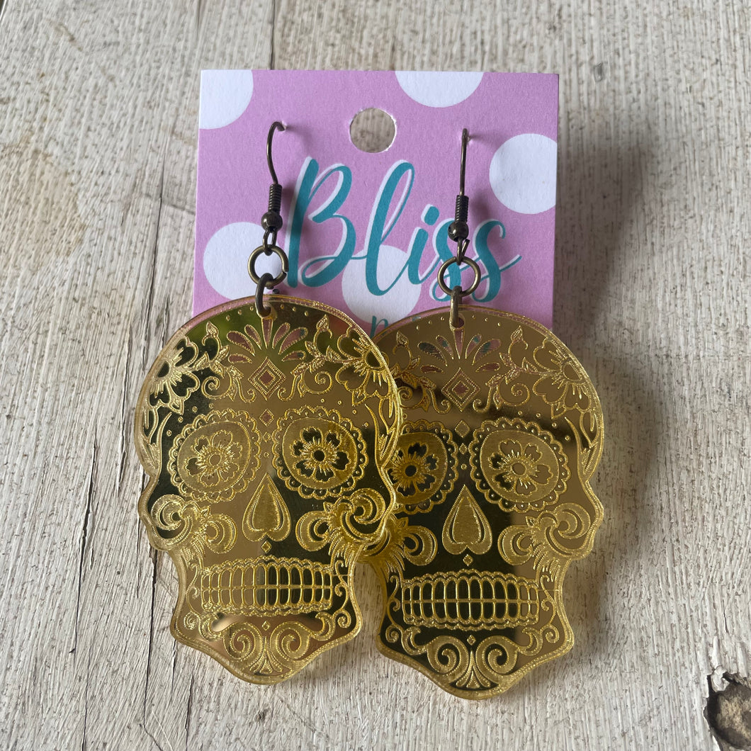 Gold Metallic Etched Sugar Skull Acrylic Statement Earrings- More Styles Available!