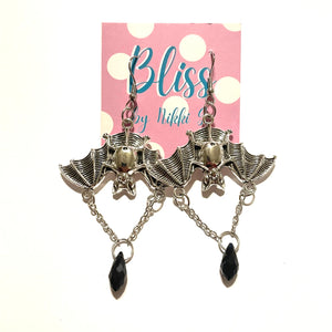 Flying Bat and Black Bead Statement Earrings
