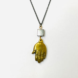 Gold Hamsa Hand and Square Bead Necklace