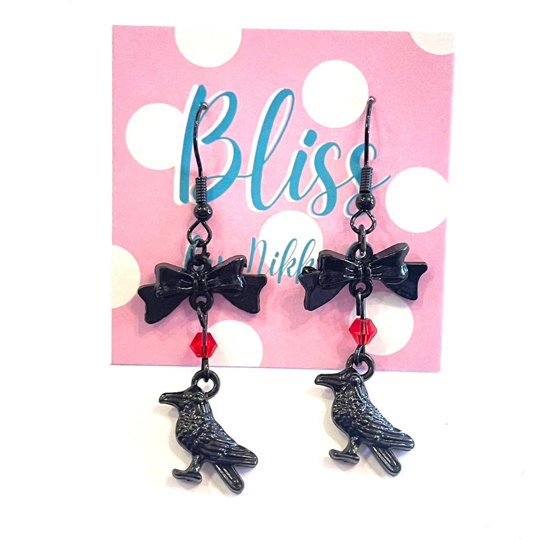 Raven and Bow Charm Earrings