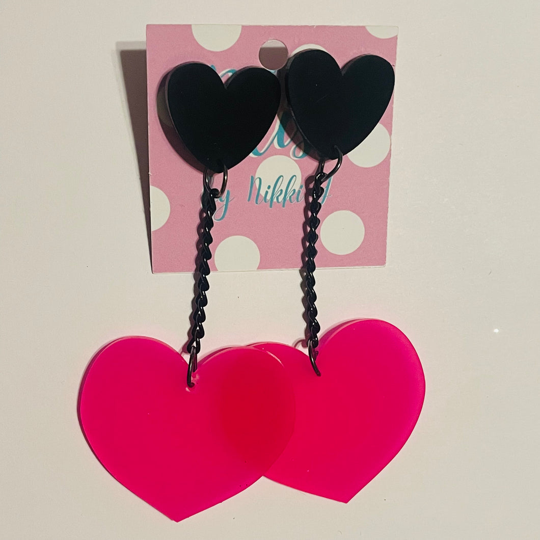 Hot Pink and Black Heart Dangly Acrylic Statement Earrings