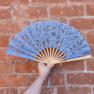 Sky Blue Battenberg Large Lace Cotton Fan