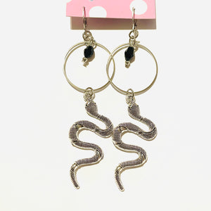 Slithering Snake and Circle Silver Statement Earrings