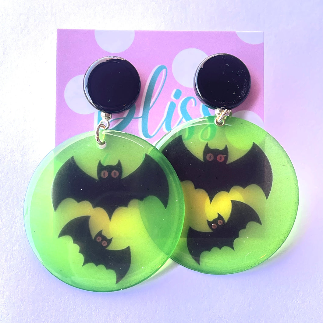 Bats on a Green Moon Statement Earrings