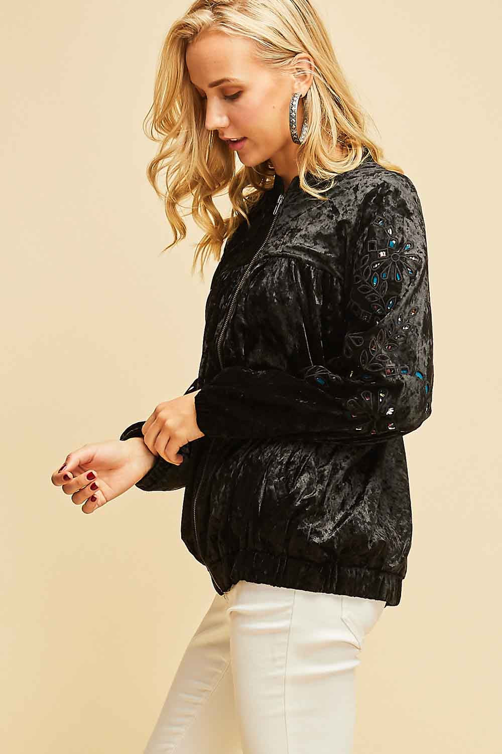 Black Velvet Zip Jacket with Floral Sleeve Windows
