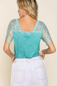 Aqua Sweetheart Confession Lace Sleeve and Lace Trim Top