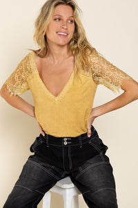 Yellow Sweetheart Confession Lace Sleeve and Lace Trim Top