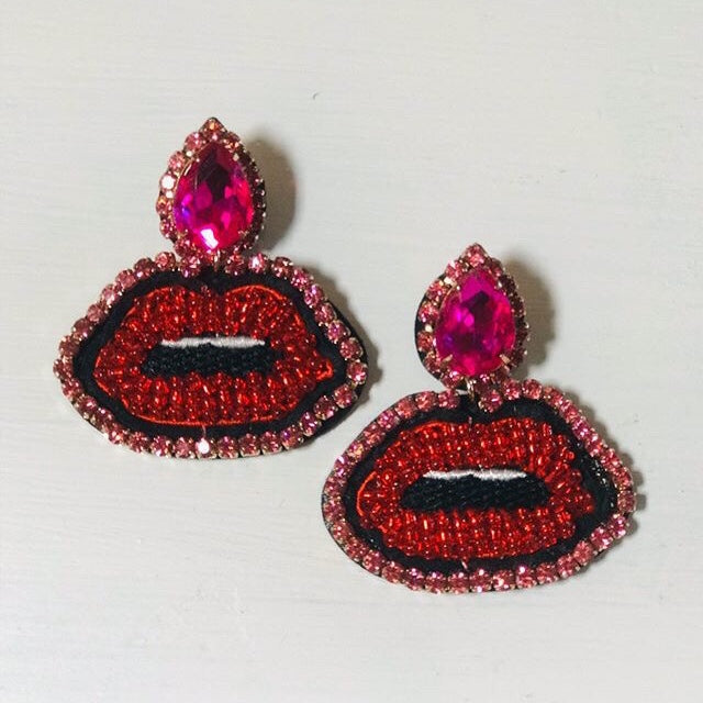 rhinestone lip earrings pink red