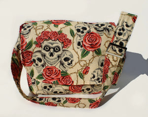 Beige Skulls and Roses Messenger Bag
