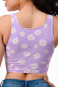 Lavender Daisy Print Mesh Sleeveless Crop Top