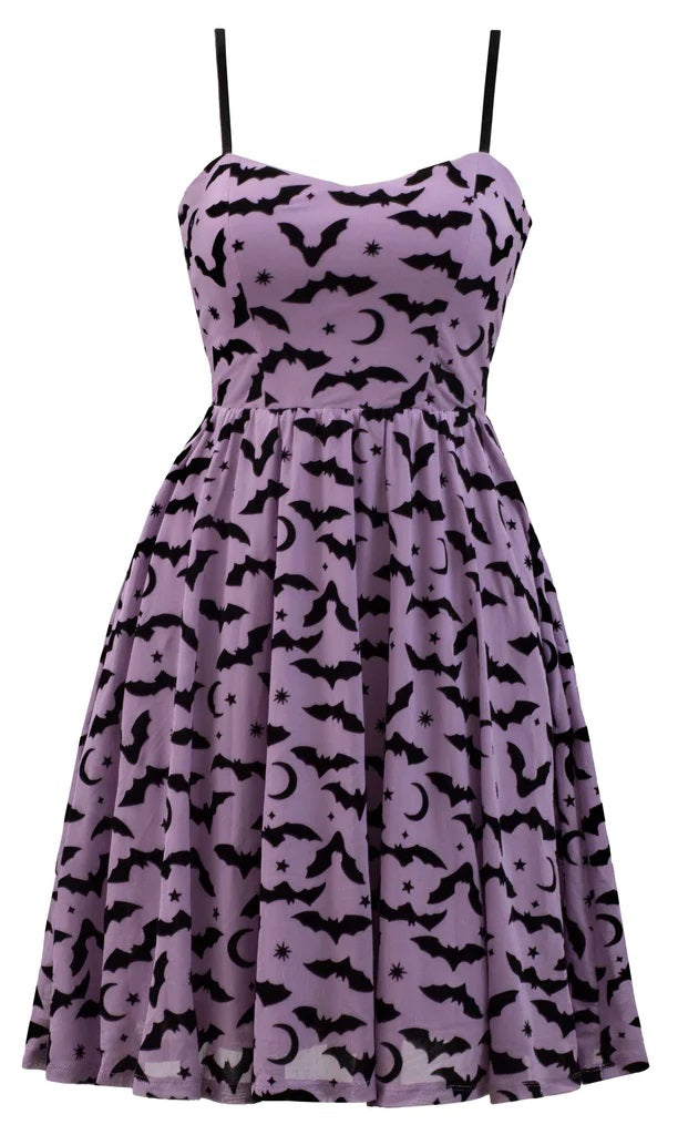 Lilac and Black Spooky Bats and Moons Mesh Fit and Flare Dress