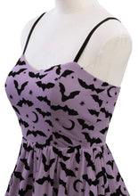 Load image into Gallery viewer, Lilac and Black Spooky Bats and Moons Mesh Fit and Flare Dress
