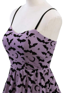 Lilac and Black Spooky Bats and Moons Mesh Fit and Flare Dress