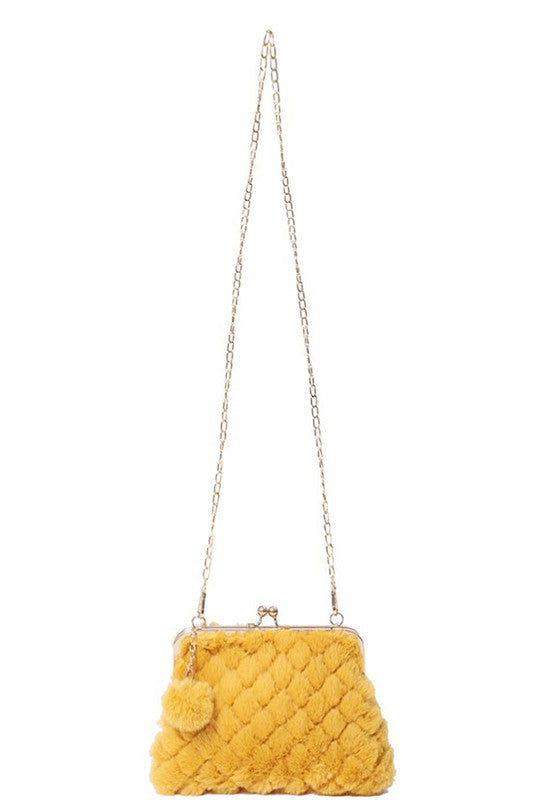 Mustard Yellow Fuzzy Quilted Kisslock Purse