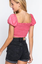 Load image into Gallery viewer, Bubblegum Pink Short Sleeve Sweetheart Neckline with Tie Detail and Smocking Woven Crop Top
