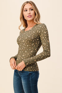 Olive Ditsy Flower Thermal Long Sleeve Top