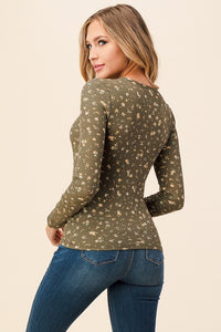 Olive Ditsy Flower Thermal Long Sleeve Top