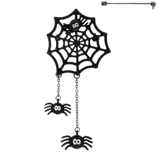 Spider Web with Dangling Spider Charms Brooch