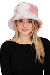 Pink Cow Patterned Faux Fur Bucket Hat