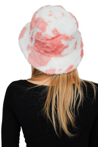 Pink Cow Patterned Faux Fur Bucket Hat