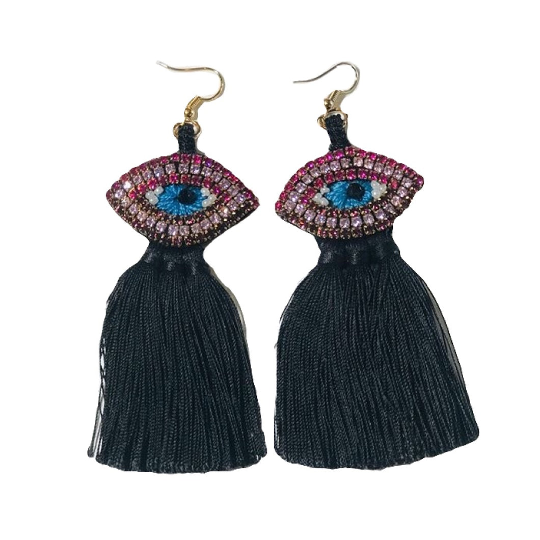 pink and blue crystal evil eye earrings with tassels
