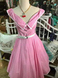 Pink Gingham Off Shoulder Dress
