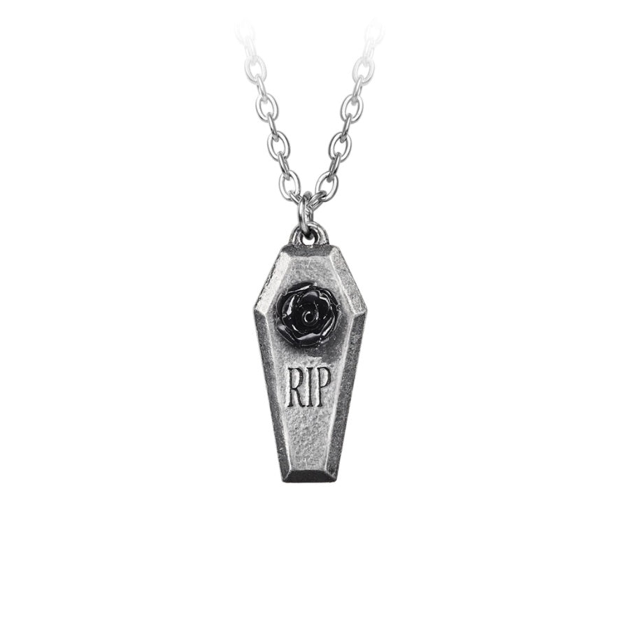 Dainty Silver Coffin with Black Rose Necklace
