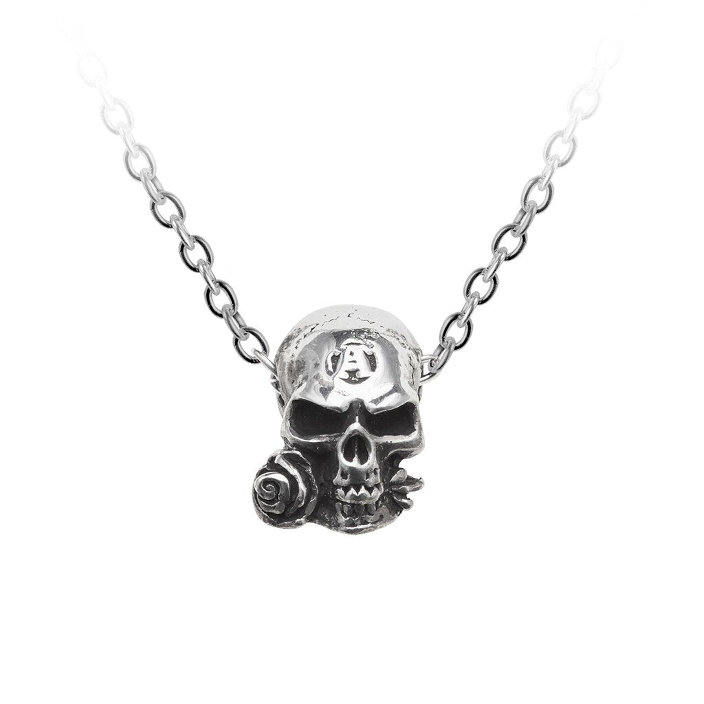 Dainty Silver Skull with Rose Between Teeth Necklace