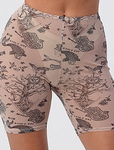 Mesh Tattoo Print Bike Shorts