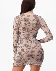 Tattoo Print Sheer Dress