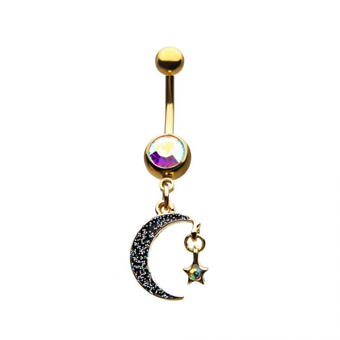Gold and Black Pave Moon with Dangling Star Belly Ring
