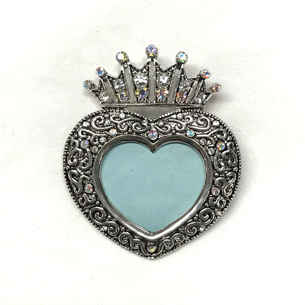 Silver Crowned Heart Frame Brooch