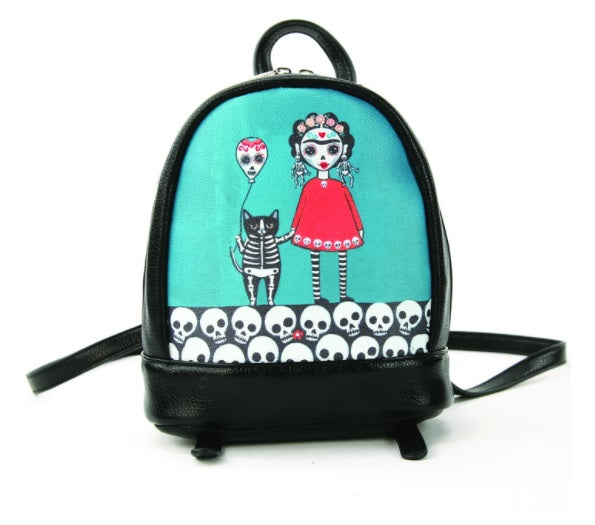 Teal Frida with SkeleCats Mini Backpack
