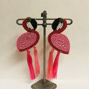 Beaded and Tassel Flamingo Statement Earrings