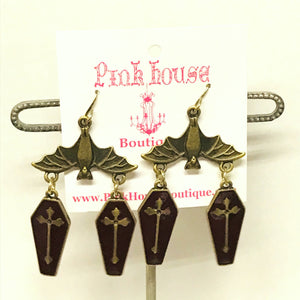 Brass Bat and Burgundy Enamel Coffin Chandelier Earrings