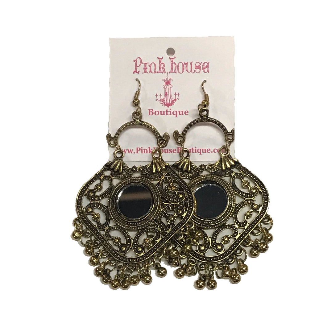 Gold Mirror with Bead Dangles Earrings