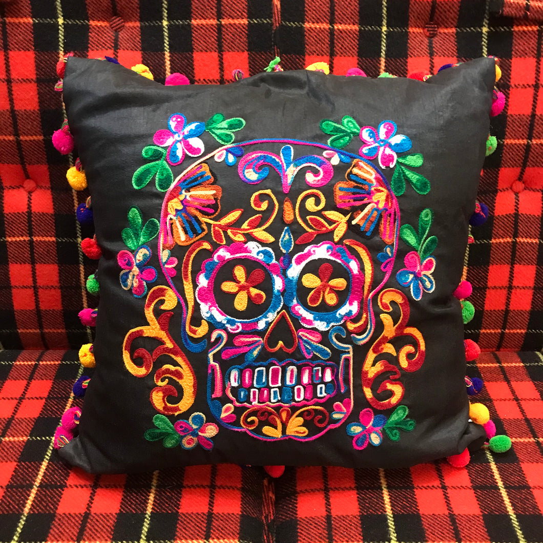 Embroidered Sugar Skull Throw Pillow