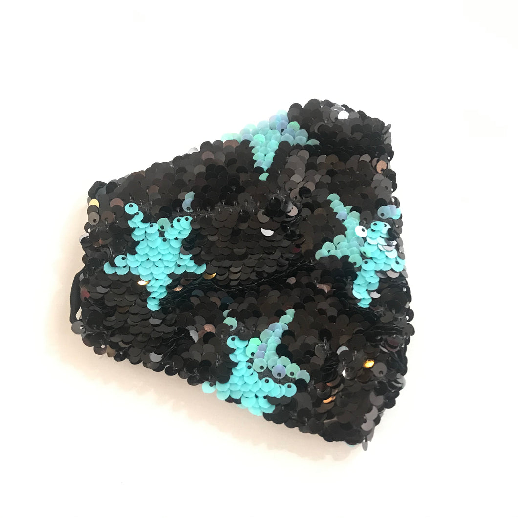 Black and Mint Star Sequin Face Mask