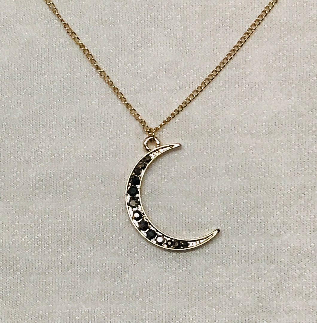 Gold Crescent Moon with Smoky Crystals Necklace