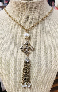 Gold Cross and Pearl with Chain Tassel Necklace