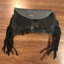 Load image into Gallery viewer, Black Mini Leather Fringe Flip Top Purse
