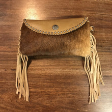 Load image into Gallery viewer, Tan Mini Leather Fringe Flip Top Purse
